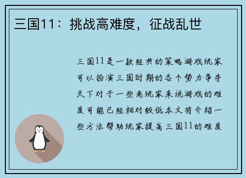 三国11：挑战高难度，征战乱世