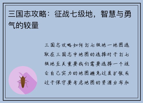 三国志攻略：征战七级地，智慧与勇气的较量