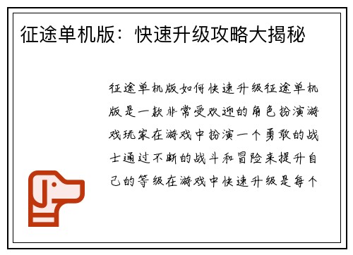 征途单机版：快速升级攻略大揭秘